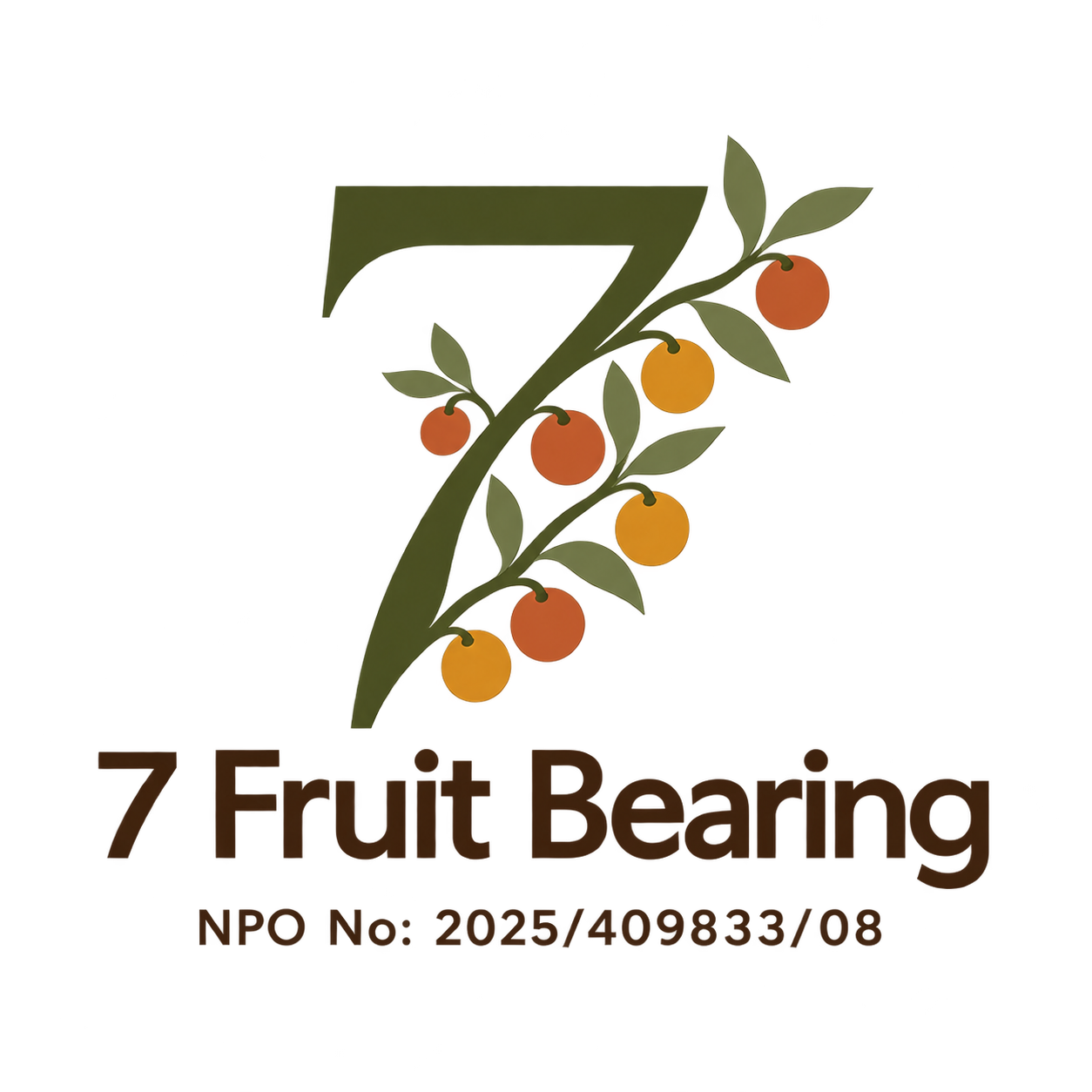 7 Fruit Bearing logo: a leafy number 7 bearing seven fruits. NPO No: 2025/409833/08
